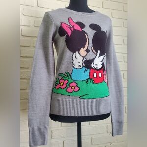 H&M Divided Disney Gray Knit Sweater with Minnie & Mickey Mouse Cartoon Small
